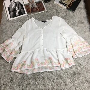 Boho Embroidered Peplum Blouse | Floral Bell Sleeve Tunic · Zac & Rachel